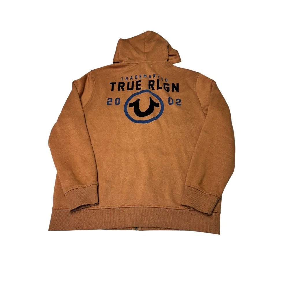 True Religion Mens XL Brown Zip Up Horseshoe Logo Fleece Hoodie Sweatshirt 2002‎